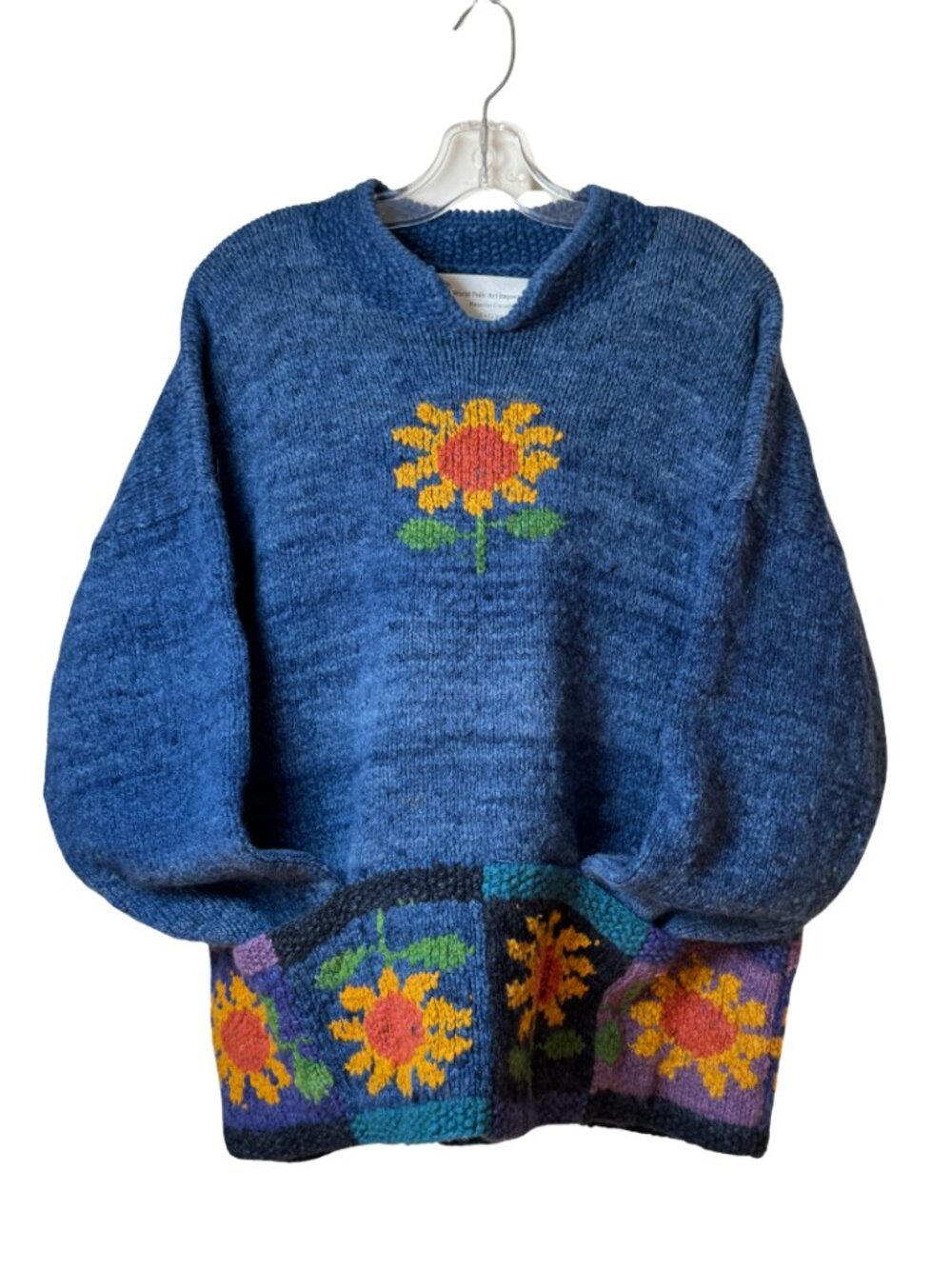 Bright Hand Knit Wool Sunflower Sweater Large Folk Art Chunky Knit Cottagecore